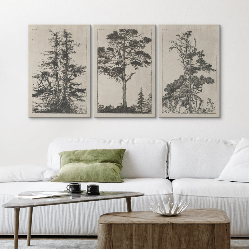 Pin antique antique, reproduction d'art sur toile, ensemble de 3 - décor de forêt rétro pour bureau ou bibliothèque