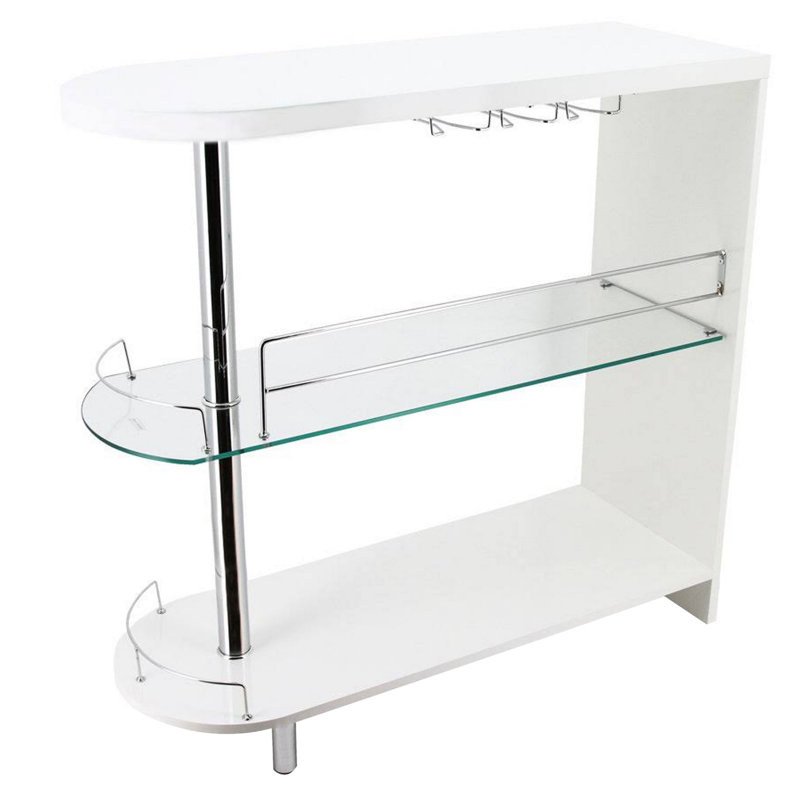 Table de bar moderne 42 po Kalyani, 3 tablettes, verre trempé, noir, chrome, Blanc
