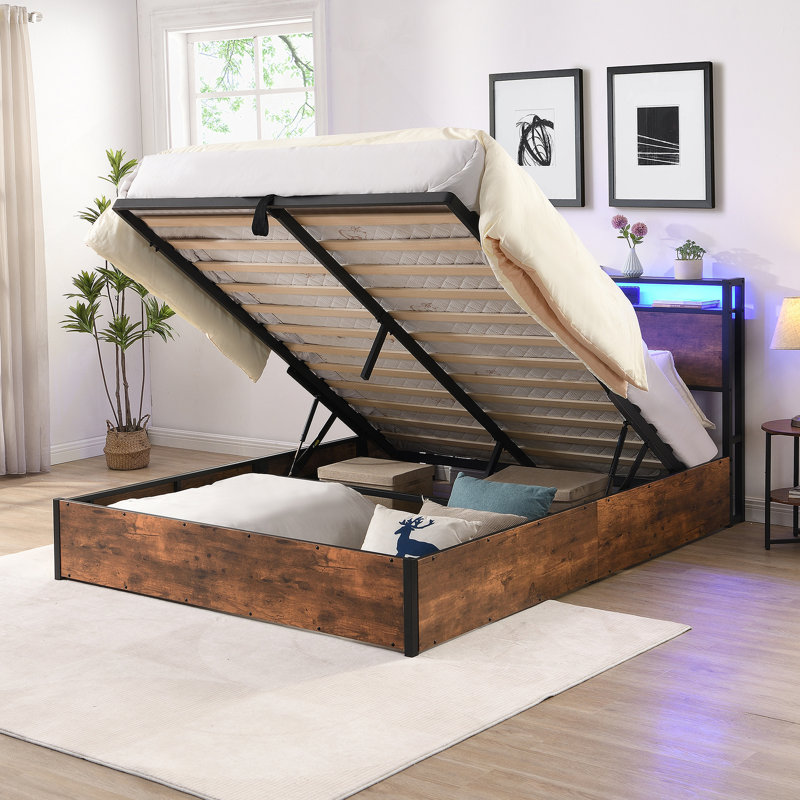 Lift-Up Storage Bed Frame,Bed Frame With Bookcase Headboard & LED Lights, Wooden Platform Bed Frame With Charging Station, No Spring Box Needed, Rustic Brown