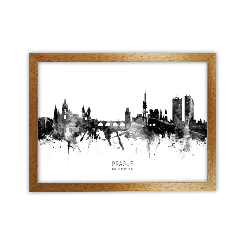 Prague Czech Republic Skyline Black White City Name by Michael Tompsett - Print, Brown Framed, 25cm H x 34cm W x 3cm D