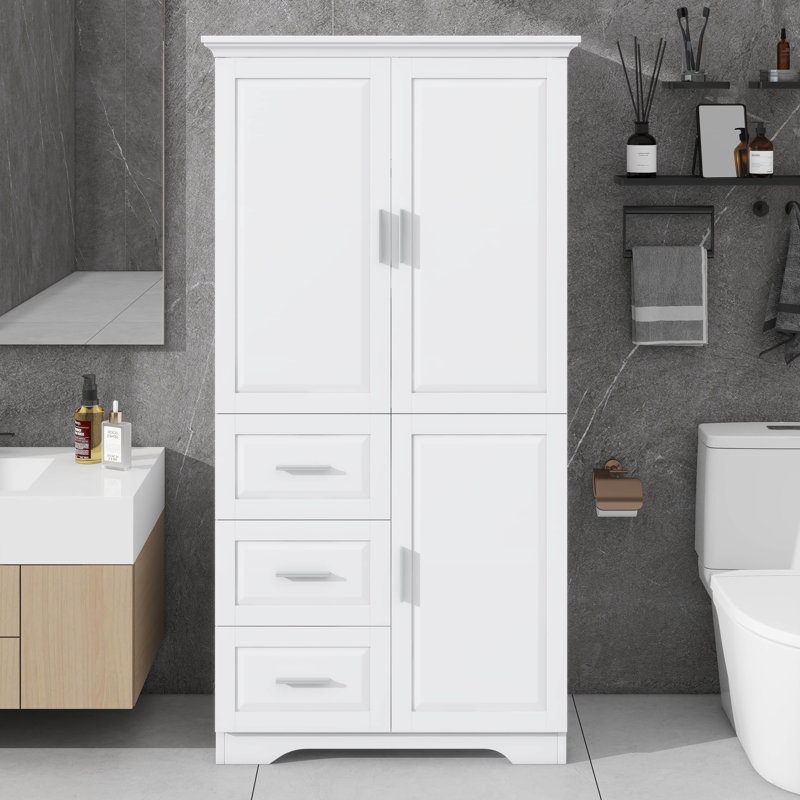 Armoire de rangement spacieuse et haute avec portes, convenant à la salle de bain / bureau, comprenant trois tiroirs, Blanc