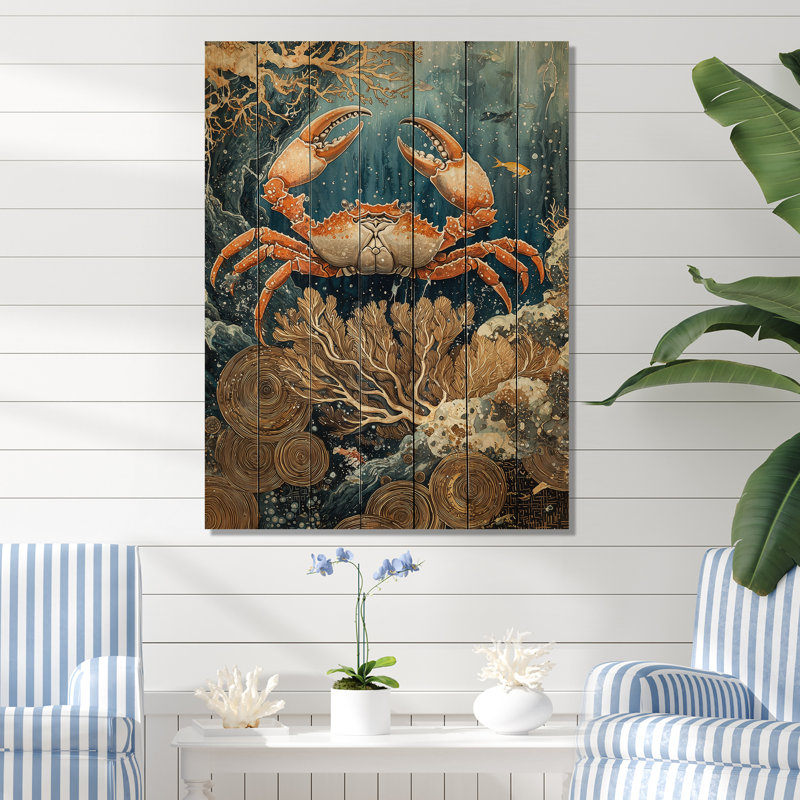 Aquarium bleu et blanc avec grand crabe III - Décoration murale en bois de crabe - sur bois de pin naturel