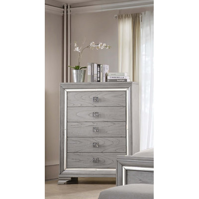 Contemporary 1Pc 5 Storage Drawer Chest Mirrored Accents Beautiful Solid Wood Wooden Bedroom Furniture