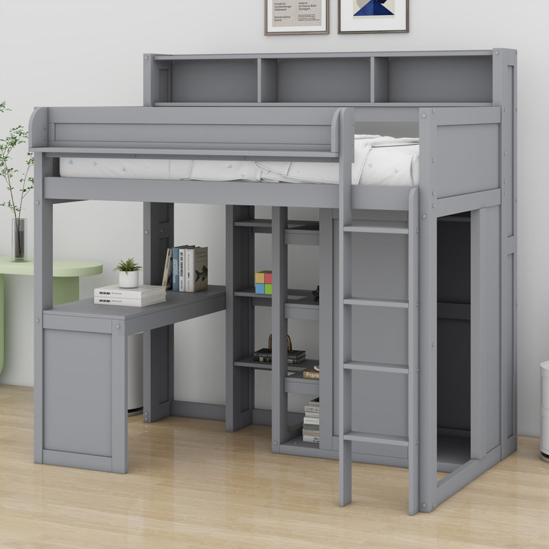 Lit mezzanine en bois avec plusieurs tablettes de rangement et garde-robe, Gris
