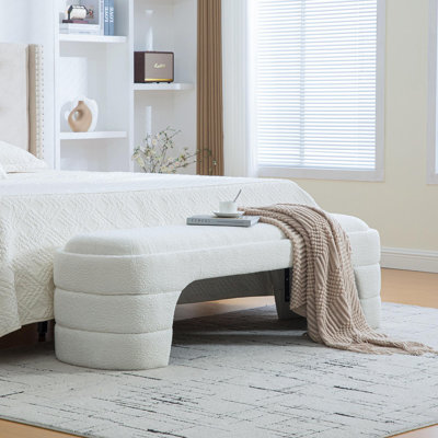 Banc de bout de lit rembourré sans accoudoirs de 64,96 po de largeur pour le hall d'entrée, tabouret repose-pieds pour le salon et la chambre à coucher, vestibule, boucle blanche