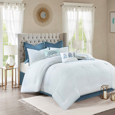 Édredon réversible 8 pièces en coton bleu grand avec imprimé de médaillons colorés, taille unique, motif floral botanique, lavable à la machine