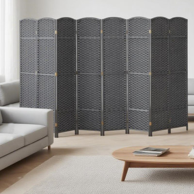 Paravent 8 panneaux, écran d'intimité pliable de 5,6 pi de hauteur, cloison en bois autoportante tissée à la main pour bureau à domicile, chambre à coucher, bois naturel, gris anthracite