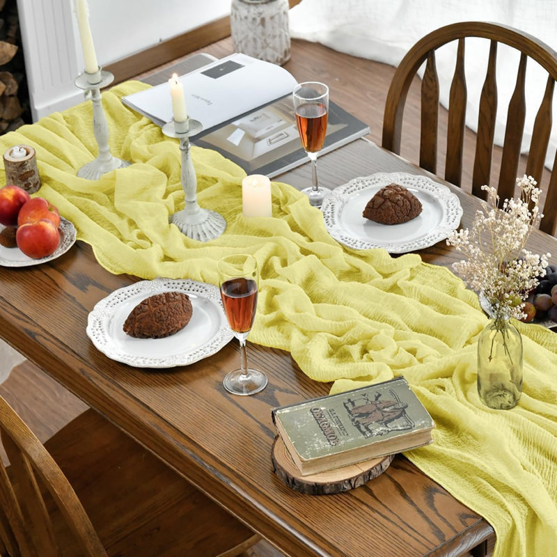 Light Yellow Boho Gauze Wedding Cheesecloth Table Runner 300 cm | Seasonal Summer Bridal Fabric Kitchen Dining Holiday Table Decor for Home Party