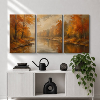 "Autumn River", art du paysage, images de salon, impression sur toile encadrée, 3 pièces, 16 po x 24 po x 3 pièces, 24 po x 36 po x 3 pièces