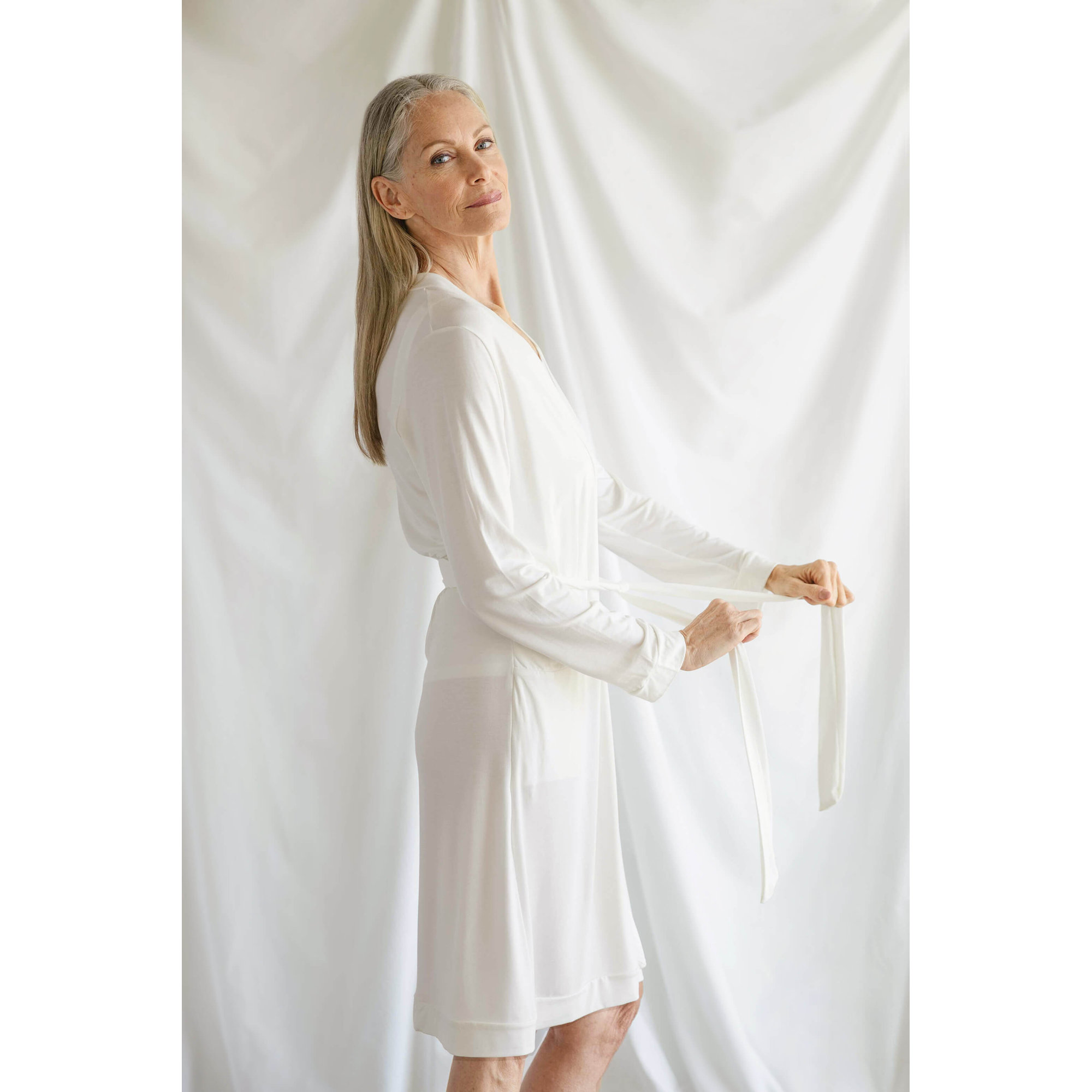 Naked Modal Blend Jersey Above Knee Bathrobe with Pockets, XL, Clear White