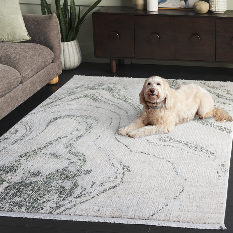 Tapis vert / ivoire Geonwoo 590, Rectangle 5 pi 3 po x 7 pi 6 po