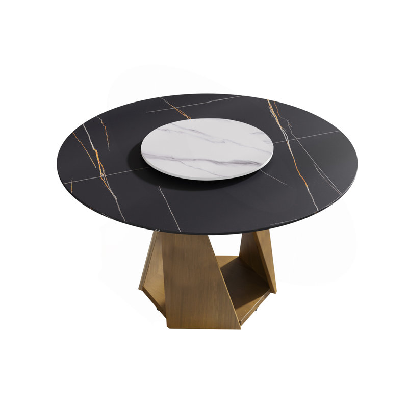 Round Dining Table with Base for 6-8 People, Artificial Stone Turntable (Only Dining Table+Turntable+Base), Noir / blanc