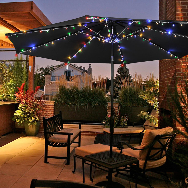 Arlmont & Co. Patio Umbrella Solar String Light with Remote Control Timer Fit 8-Rib 8/9/10 Ft Outdoor Shade 128 RGB LED 8 Mode