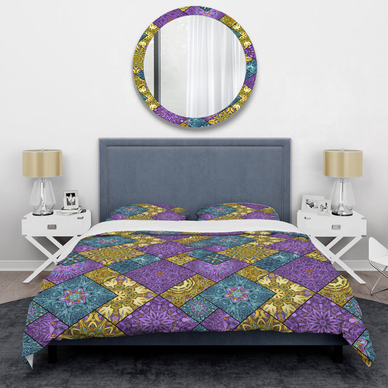 Gold And Purple Patchwork Polyester Patchwork Duvet Cover, King Duvet Cover + 2 King Shams