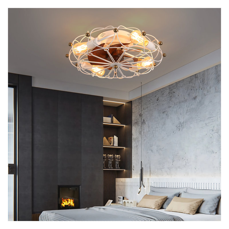 Low Profile Caged Ceiling Fan with Lights - Modern Industrial Ceiling Fan with Remote Control, Quiet White ABS Ceiling Fan for Bedroom Living Room