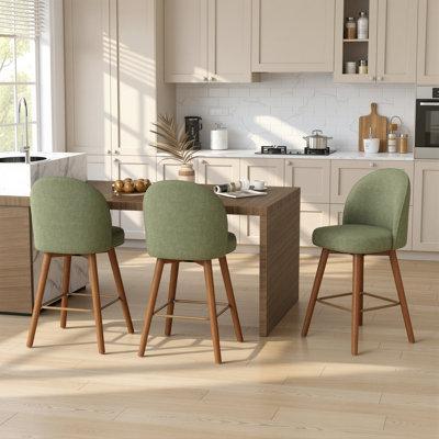 Modern Counter Height Bar Stool With Back, Green Chenille Upholstery, Non-swivel, Rubberwood Legs With Walnut Finish