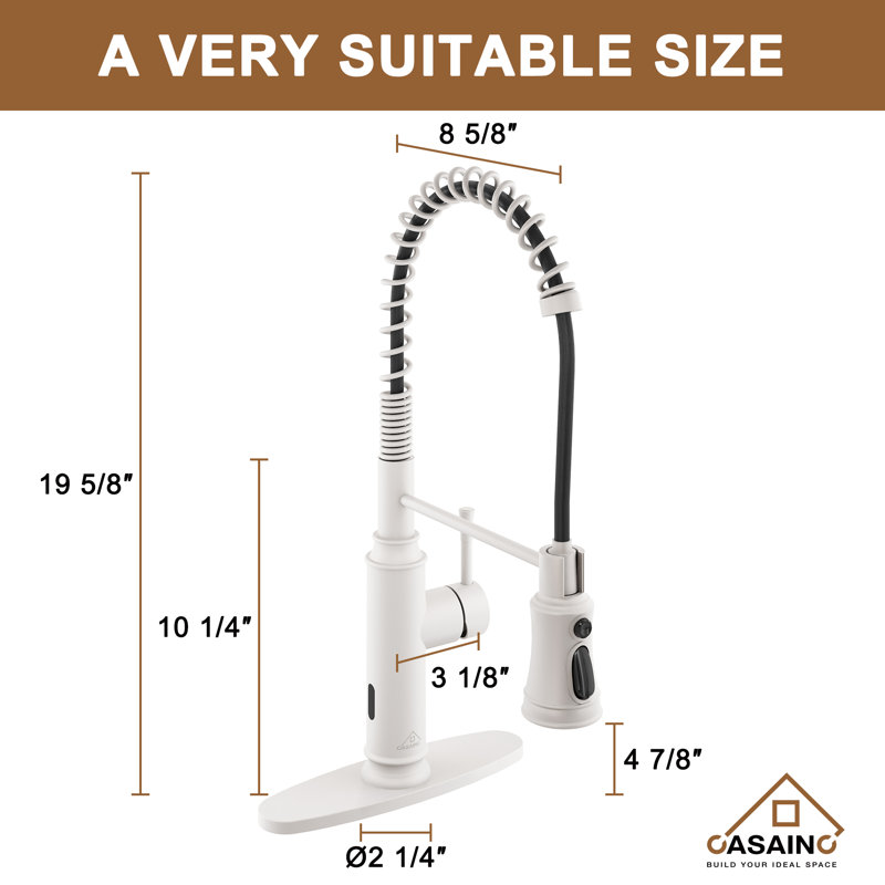 Robinet de cuisine rétractable avec fonction d'induction infrarouge et plaque de pont, Blanc mat