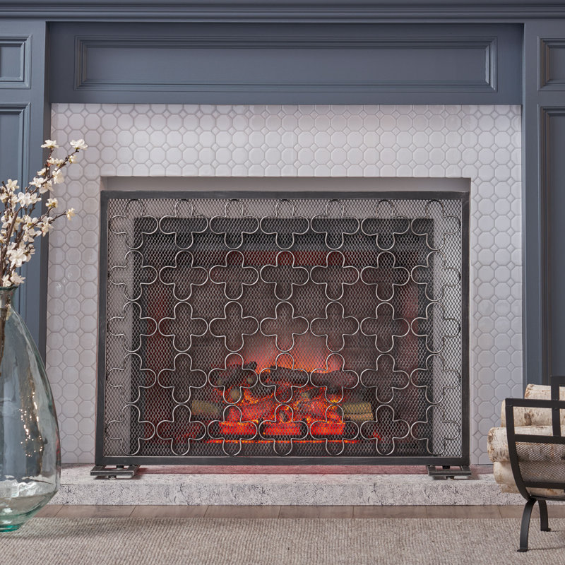  Contemporary Fireplace Screen, Sleek Single-Panel Design with Durable Mesh and Modern Accents, Elegant Protection for Fireplaces, Silver