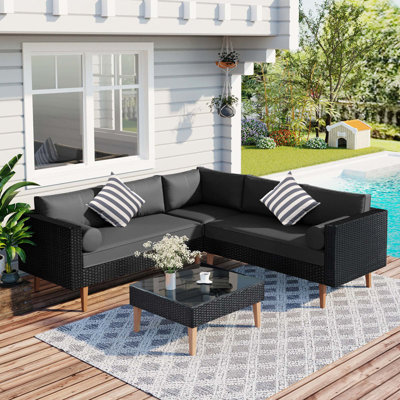 Andrian Outdoor Sectional Set Outdoor Sofa Set Wicker Patio Furniture, Black, Black