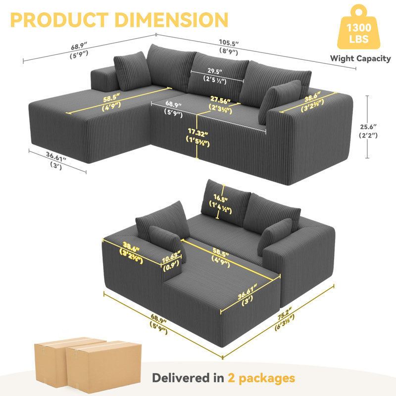 Boneless 105.5 ''Modular Sectional Sofa Couches L-Shape Couch 3 Seat Modular Sofa Memory Foam Sectional Couches For Living Room