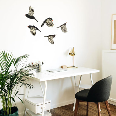 5 pièces d'art mural oiseau en bois, oiseaux volants, décoration murale, art populaire rustique scandinave, décoration pour le salon, la chambre à coucher, le bureau et la cuisine (noir)