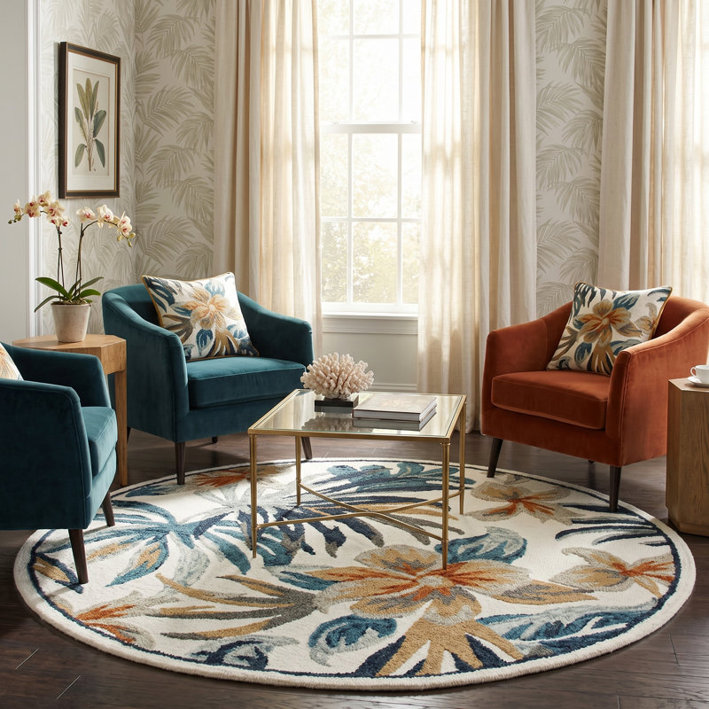 Tapis rond en laine touffeté à la main à motif floral bleu / orange / noir, Rond 6 pi