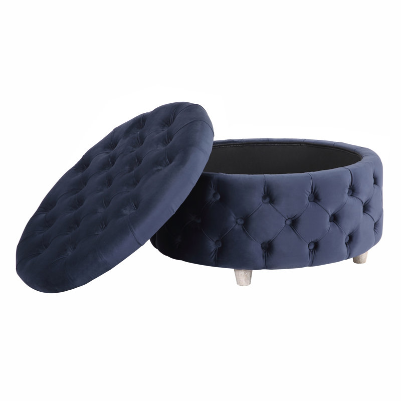 Repose-pieds de rangement rond en velours de 29,5 po Kirsten, Velours bleu marine