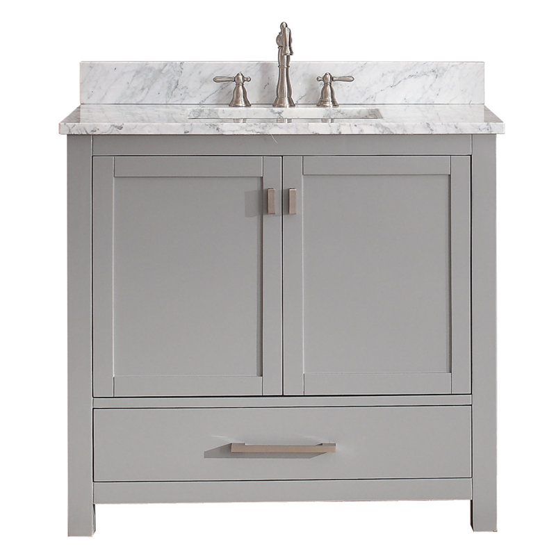 Modero 36" Single Bathroom Vanity with Top, Carrera White Marble, Chilled Gray, Brushed Nickel