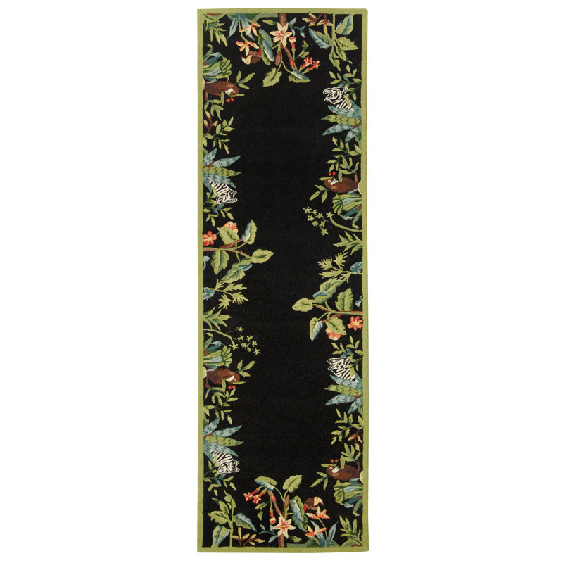 Tapis noir / vert en laine crocheté à la main à motif floral Hogle, Tapis de couloir 2 pi 6 po x 10 pi