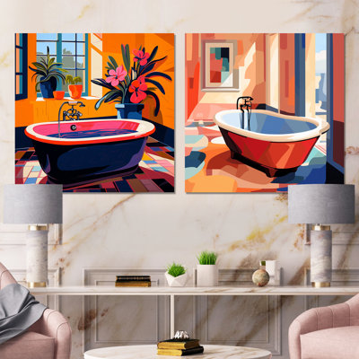 Orange et rose, salle de bain florale Serenity I - ensemble de 2 impressions murales de salle de bain