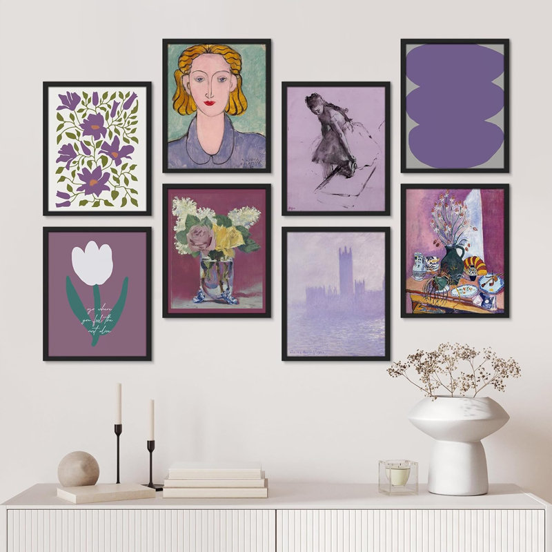Impression de 8 pièces de fleurs de lavande mauves encadrées sur papier, Noir, H 14 po x l 11 po x P 1 po