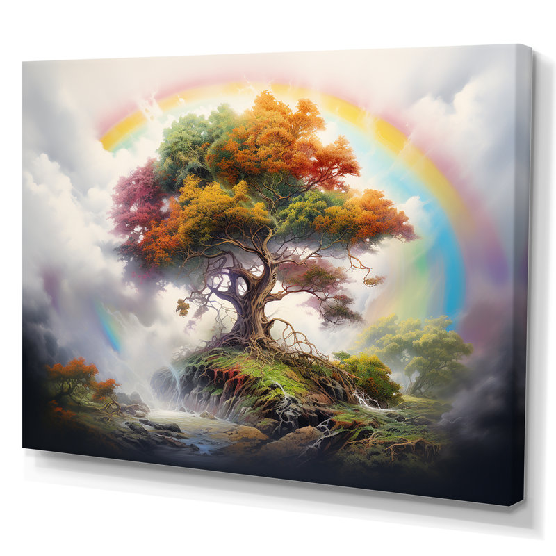 Mythique arbre majestueux avec arc-en-ciel sur toile, H 30 po x l 40 po x P 1,5 po, Toile tendue