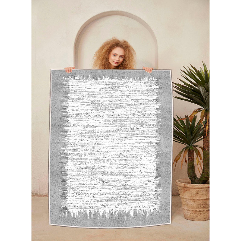 Luxurious Cotton Area Rug, 2.6 x 4.0 Feet | 100% Cotton, 1200 g/m2, Pile Height: 0.4 in, Total Thickness: 0.3 in | Antibacterial, Non-Slip PVC Underside, Machine Washable | Elegant Cream & Grey Design for Home Décor