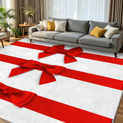 Red Machine Washable,Decorative Bow with Horizontal Ribbon Indoor Area Rug