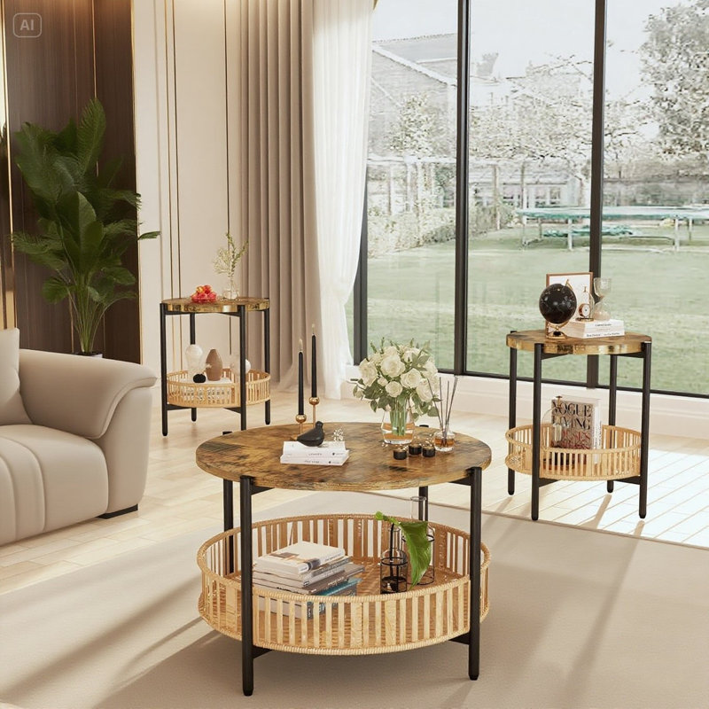Boho Living Room Table Set With Rattan Storage Shelf And Metal Frame, Round Coffee Table And 2 End Side Tables