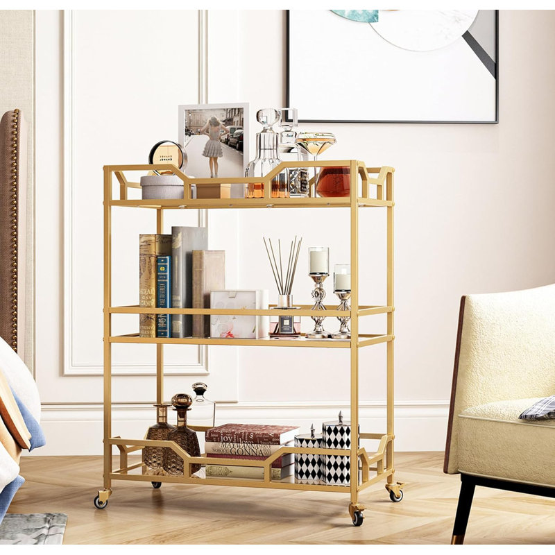Gold Bar Carts with 3 Tier Storage Glass Shelves Holder