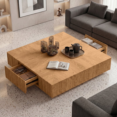 39.4 Inch Solid Wood Square Coffee Table With 2 Drawers, Handcrafted Ash & Oak Fluted Design