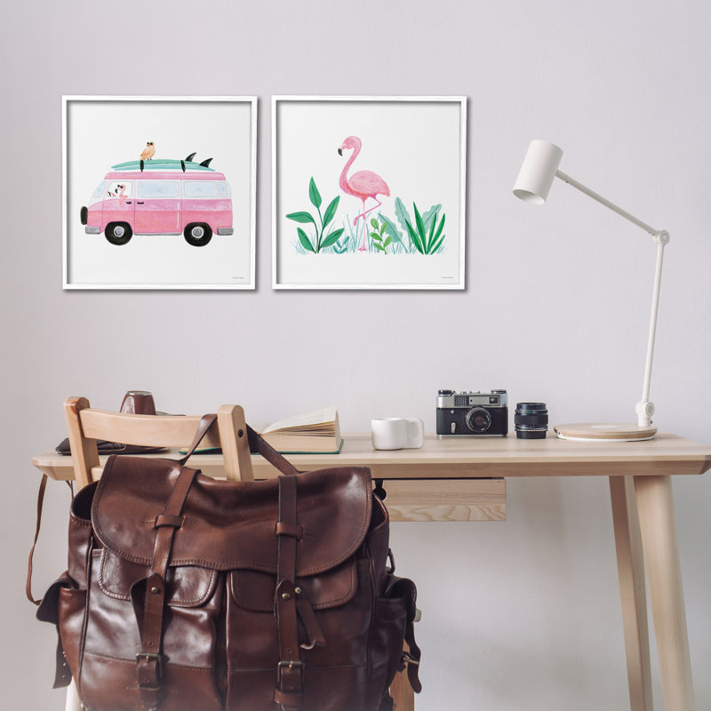 «Flamants tropicaux», ensemble de 2 giclées par Rachel Nieman, Estampe numérique encadrée blanc bord de mer