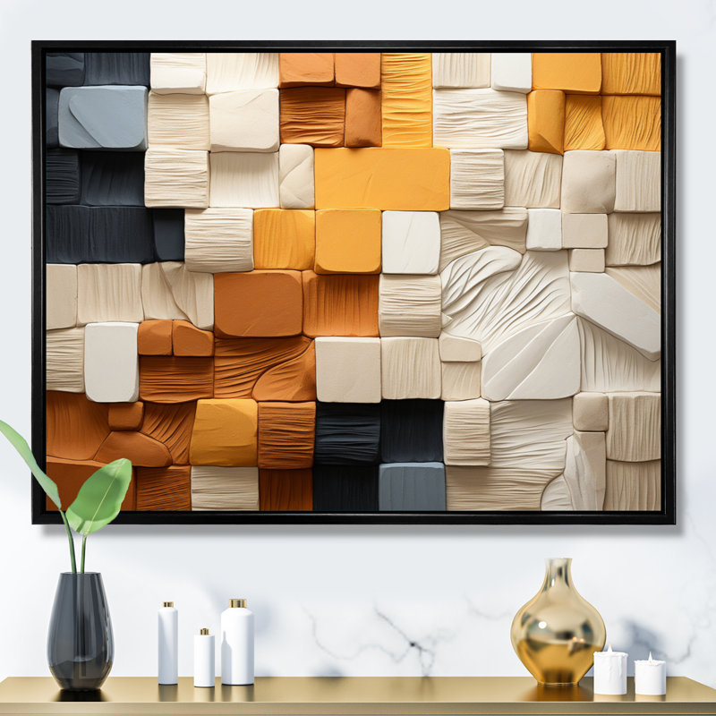 Cubique jaune et gris II sur toile, Cadre flottant noir, H 24 po x l 32 po x P 1 po