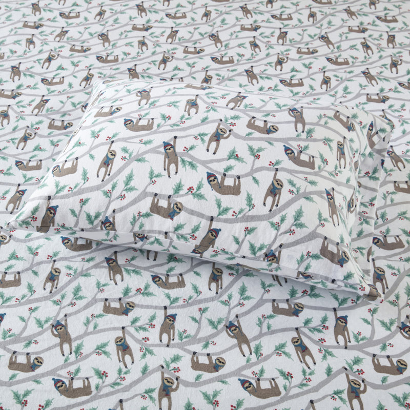 Cozy Flannel 100% Cotton Sheet Set, Full / Double Sheet Set with 2 Pillowcases, Multi Sloth
