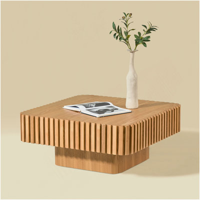 Modern 35.43 Inch Handcraft Drum Coffee Table Square Coffee Table For Living Room,Small Wooden Coffee Table With Sturdy MDF Pedesta