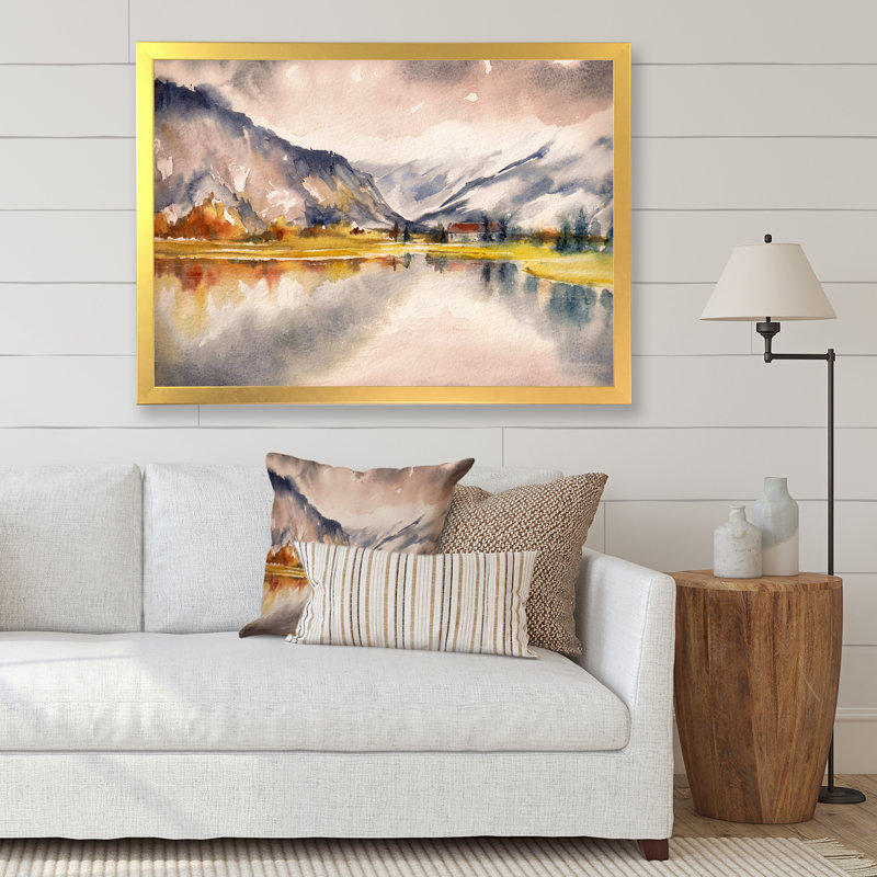 Paysage d'automne avec le ciel reflété sur le lac - Peinture sur toile, H 34 po x l 44 po, Cadre doré