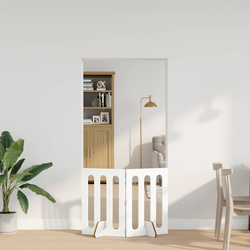  Folding Pet Fence Engineered Wood Living Room Flexible Easy Assembly, 70cm H x 100.5cm W x 38cm D, High Gloss White