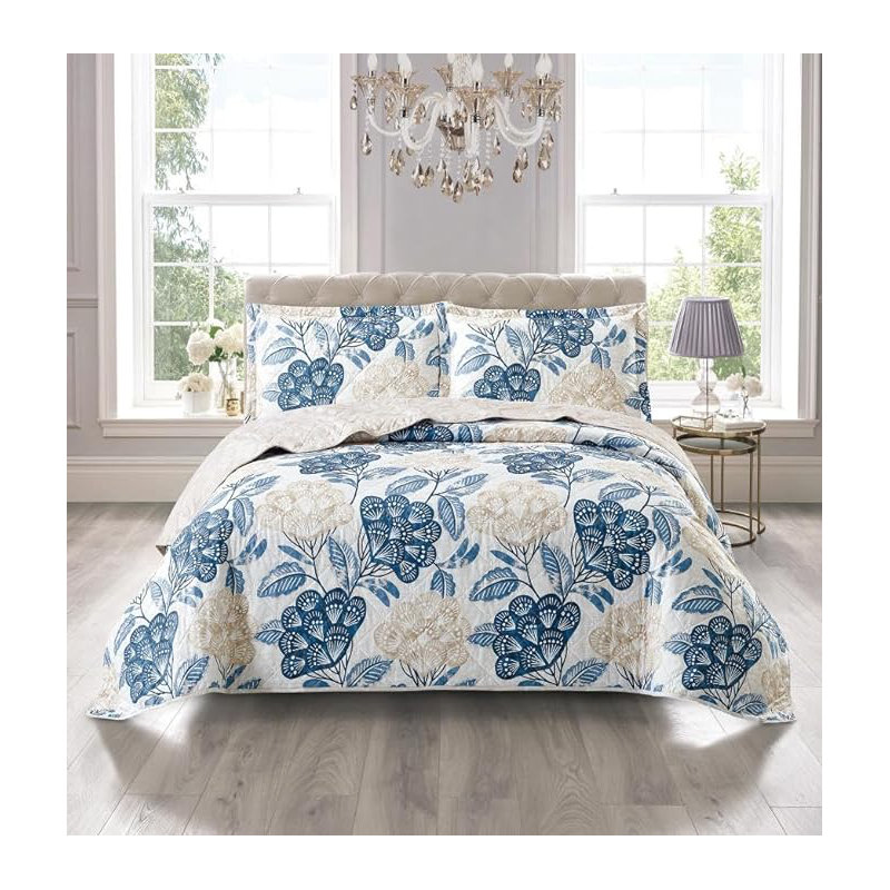 Andrena Microfiber Bedspread with Pillow Shams, Blue, Single Bedspread + 1 Standard Pillow Sham, Floral