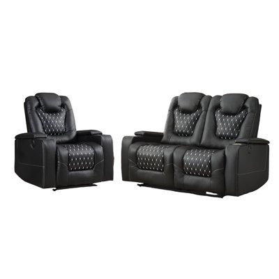 2-Piece Power Recline Home Theater Living Room Set With Recliner+Loveseat With USB Ports, Cup Holders, Storage Compartments