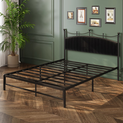 Queen Upholstered Headboard Metal Platform Bed
