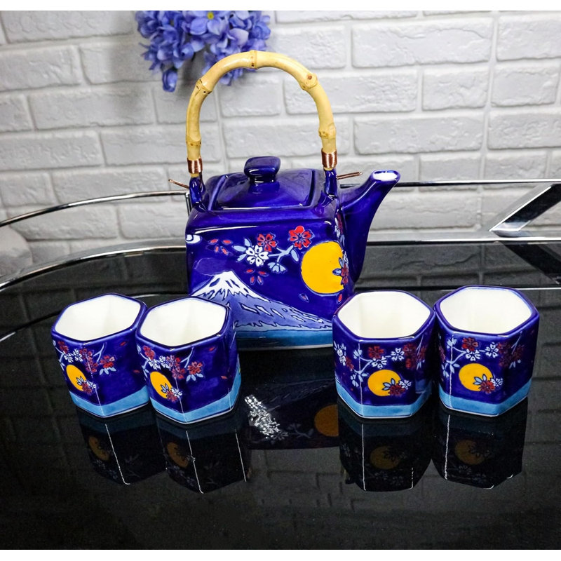 Blue Mount Fuji With Full Moon Ceramic Hexagonal Teapot With 4 Tea Cups Set
