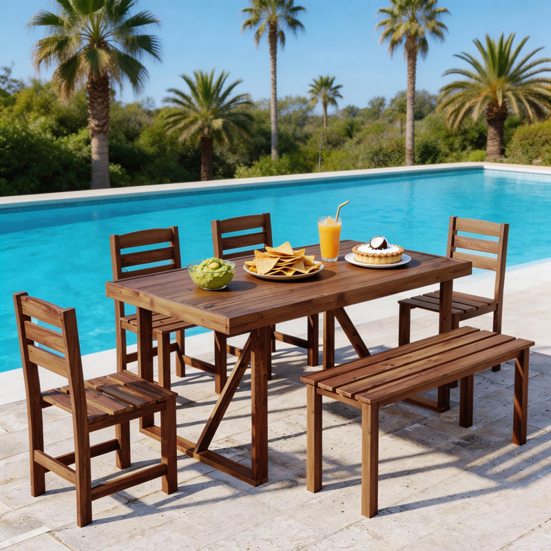 Ensemble de salle à manger 6 pièces en bois d'acacia avec banc, table de patio solide et chaises pour la cour, le patio et le jardin