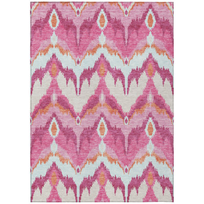 9' X 12' Pink Mauve And Orange Ikat Washable Indoor Outdoor Area Rug