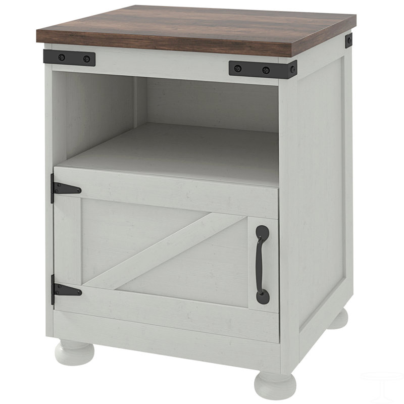 Farmhouse Side Table, End Table with Open Shelf and Cupboard,wood, Brown, White